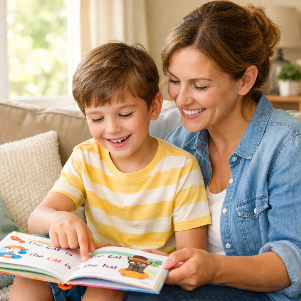Parent helping child with phonics reading practice at home