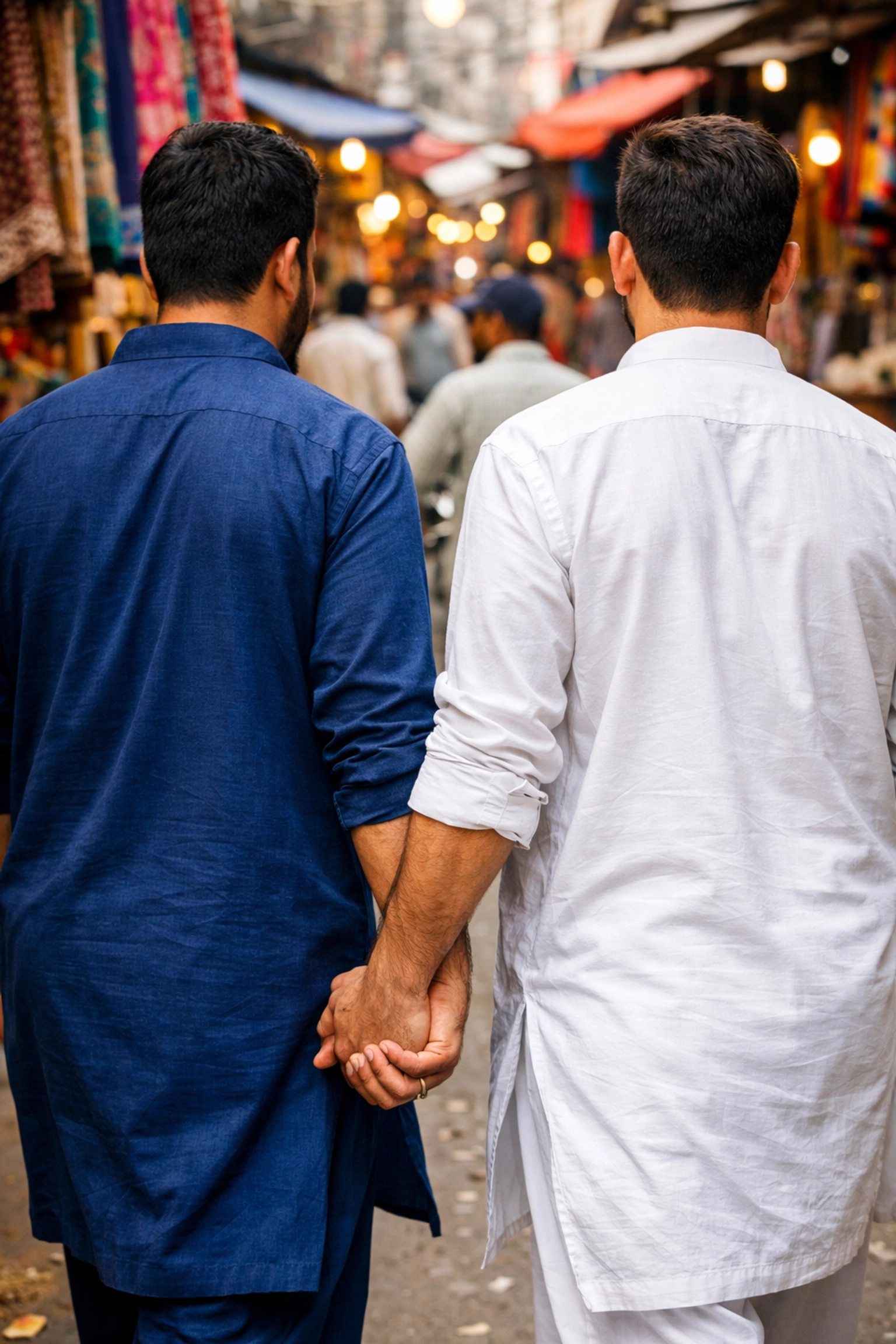 Two Pakistani men holding hands in a vibrant market, showcasing hidden gay romance within cultural norms.