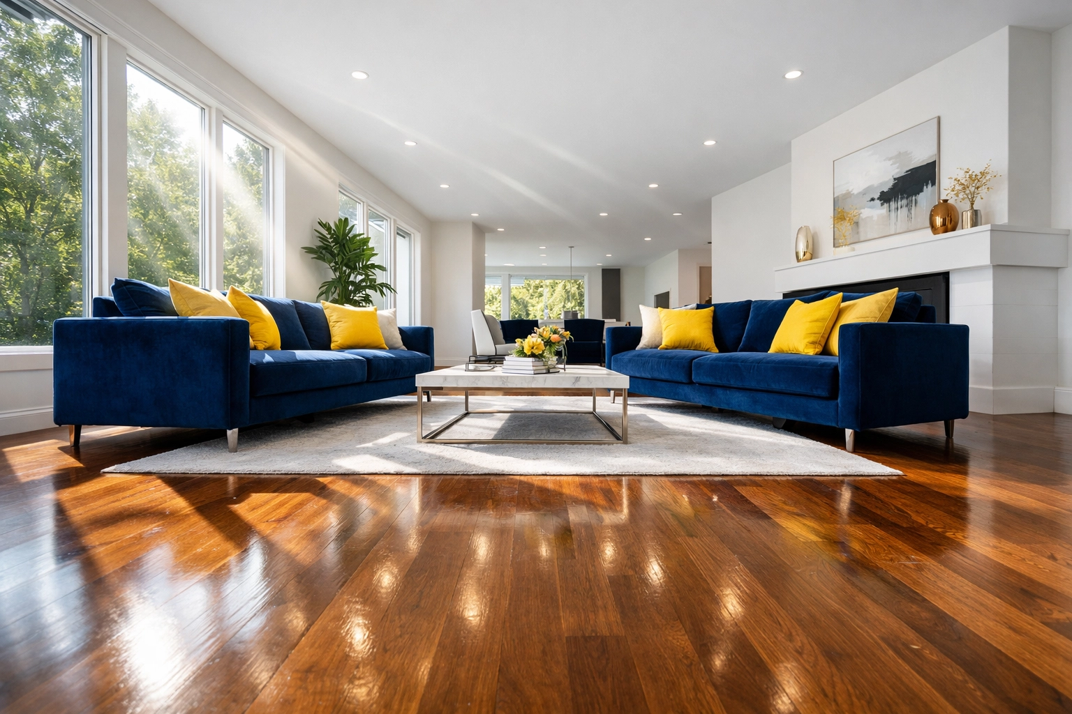 Sun-drenched, dust-free living room in a Fitchburg home after a weekly house cleaning service.