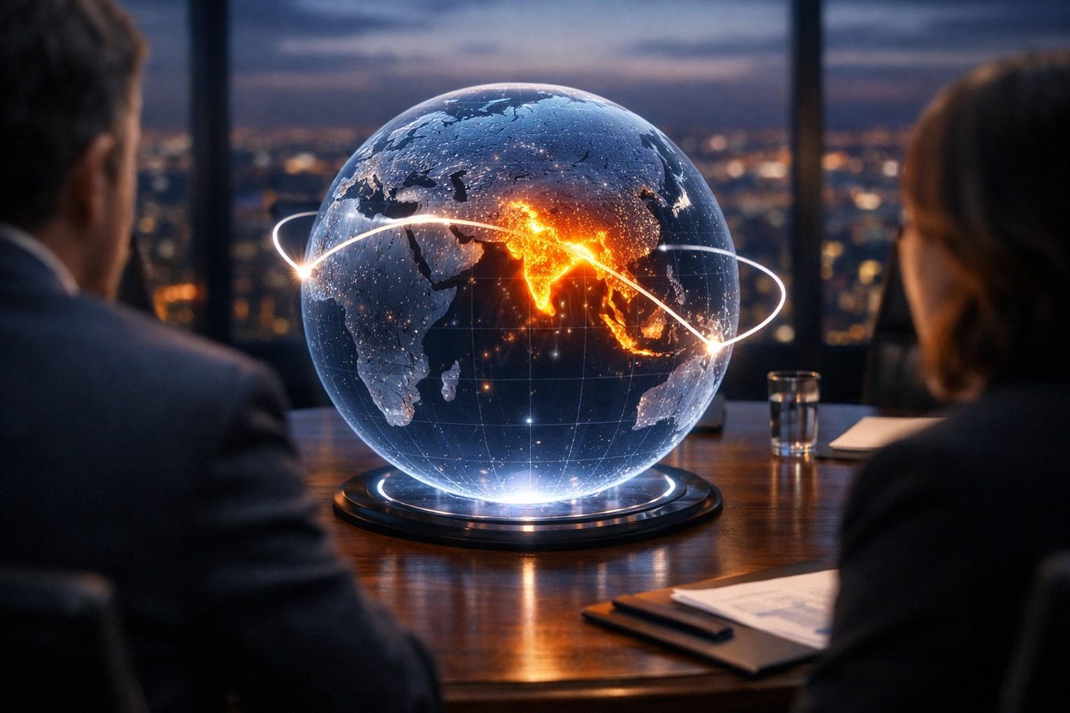 Holographic globe showing India's connection to global financial hubs during the Q1 funding rebound.