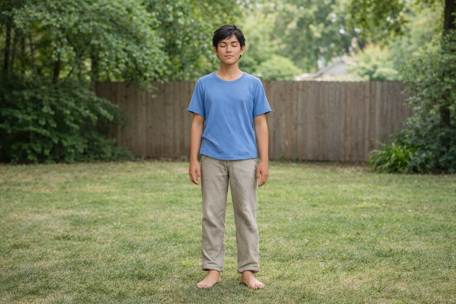 Realistic photo of a diverse person standing on grass in a park/backyard with eyes closed, practicing a calm grounding moment