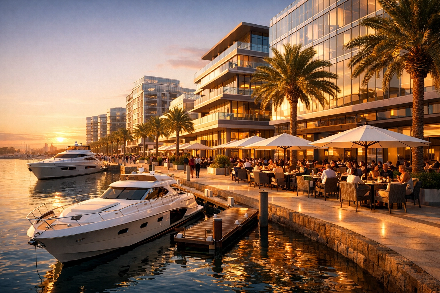 Modern waterfront promenade and luxury marina with palm trees in Southwest Florida.