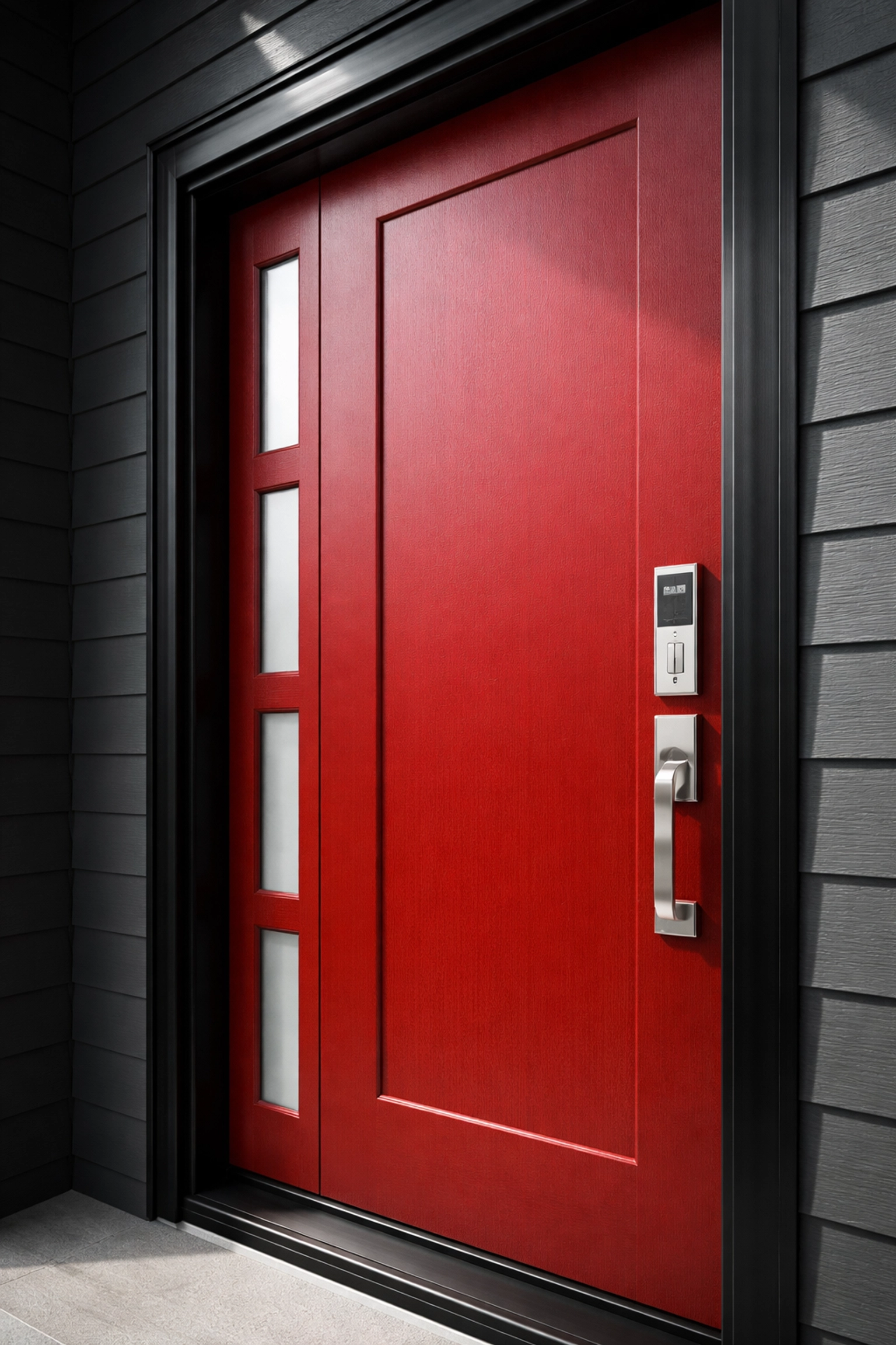 Close-up of a luxury red front door with black frame and charcoal siding, illustrating cohesive entryway design for Chattanooga homes.