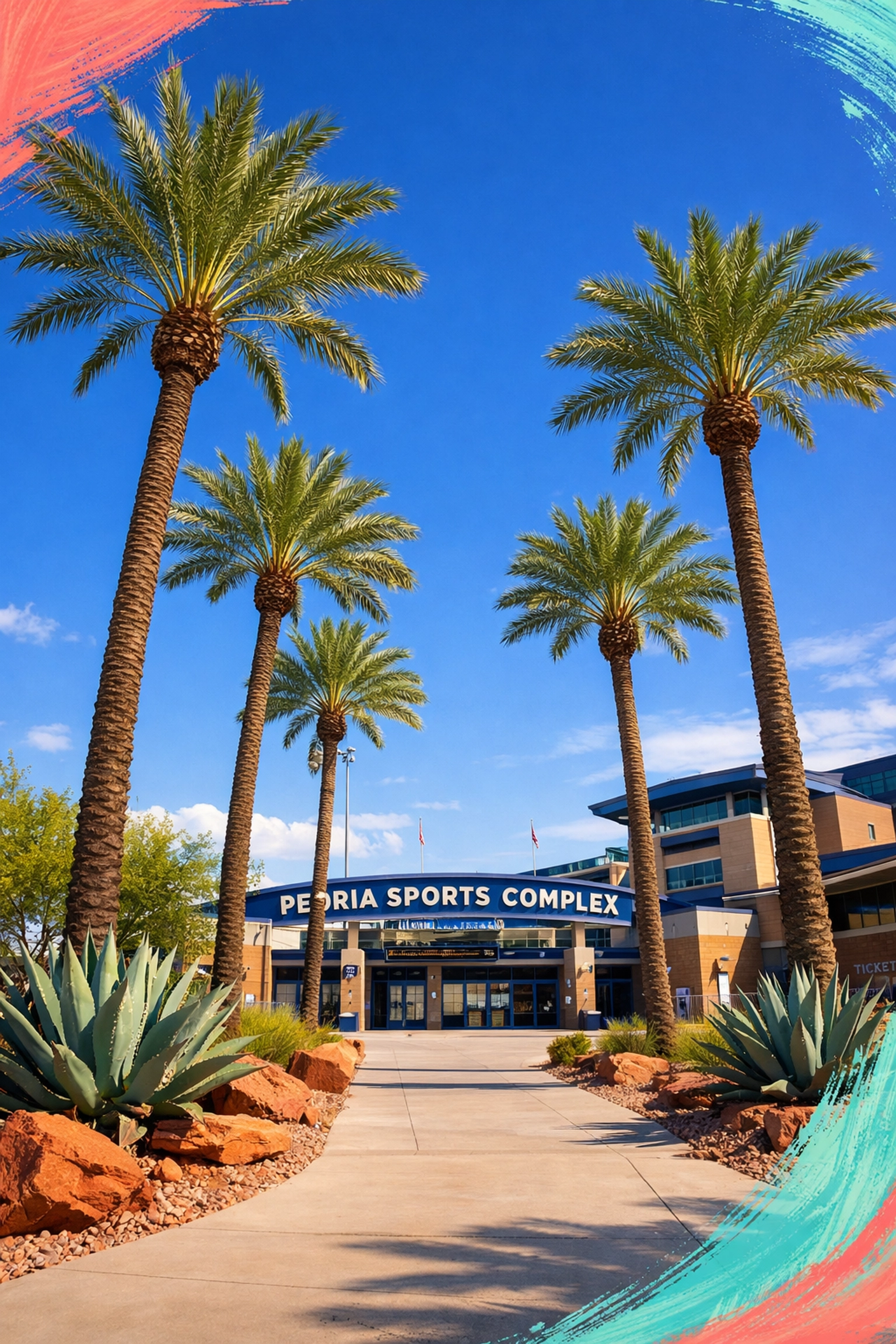 Peoria Sports Complex entrance with palm trees under Arizona blue sky Peoria Sports Complex entrance with palm trees under Arizona blue sky