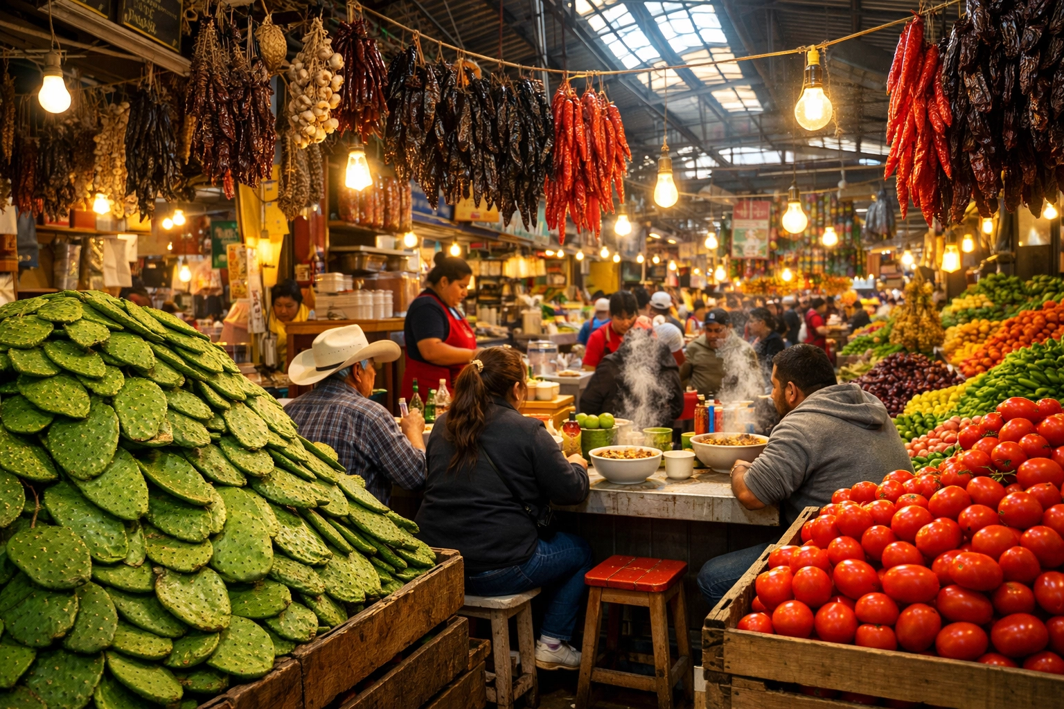 Busy food and produce stalls inside Mercado La Merced, a prime spot for best cheap eats in Mexico City.