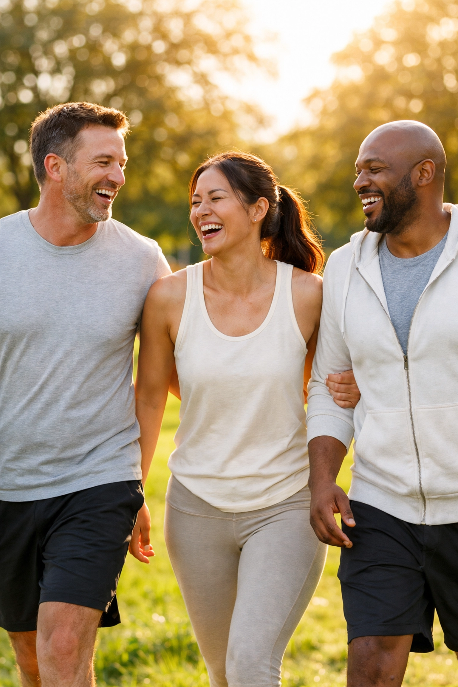 Healthy, active adults walking in a park representing successful outcomes of a medical weight loss program.