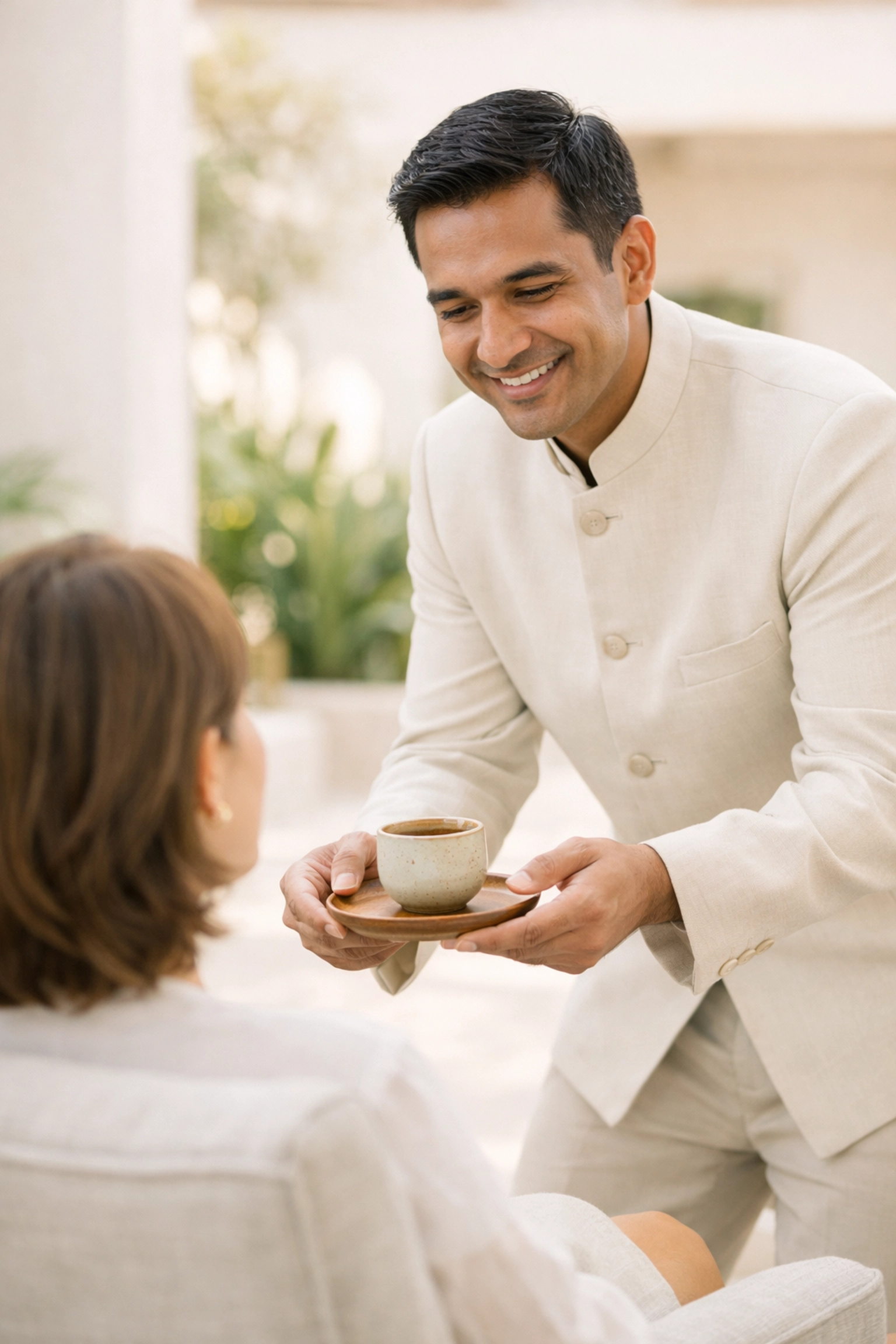 Hotel staff serving tea to a guest, demonstrating effective service design for boutique hotels.