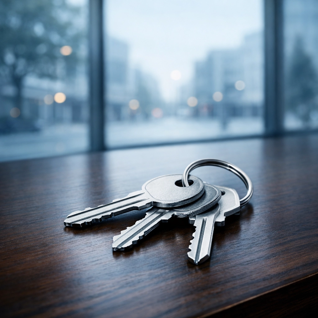 Silver commercial keys on a desk representing a successful Alabama business lease transfer and transition.