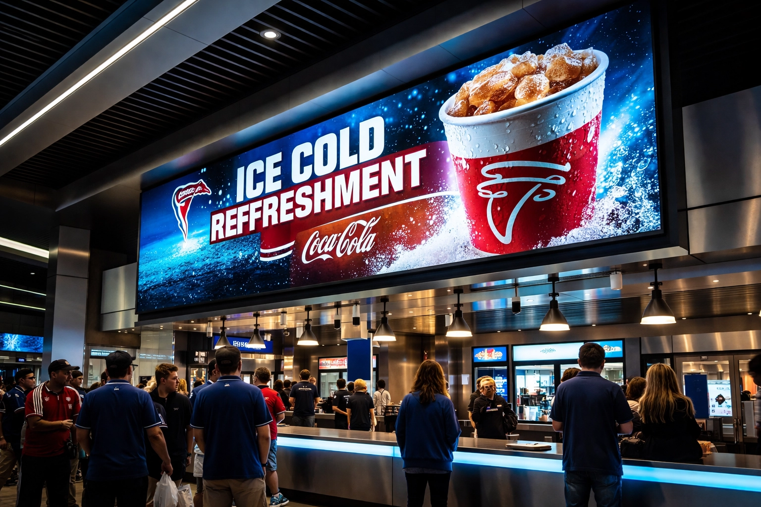 Digital menu board displays co-branded beverage promotion in a state-of-the-art stadium concession area