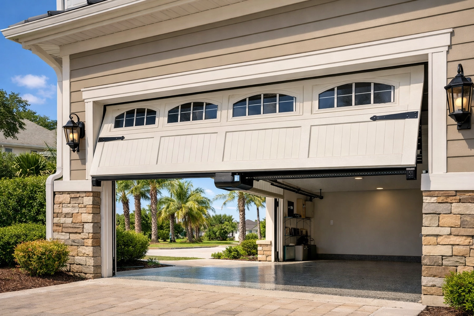 Modern carriage-house garage door installation in Jacksonville featuring a quiet belt-drive opener.