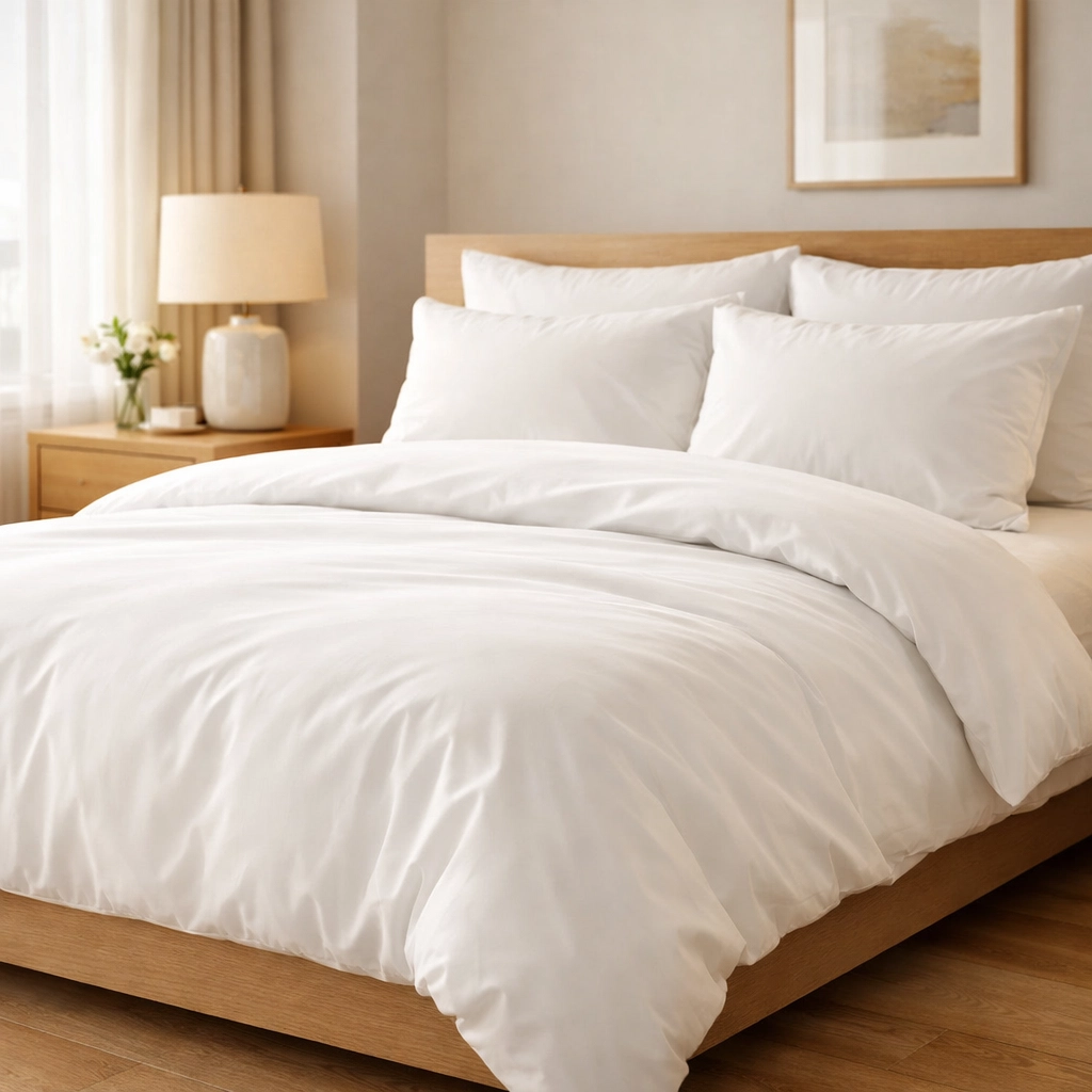 Professionally cleaned luxury apartment bedroom with fresh white linens and polished hardwood floors.