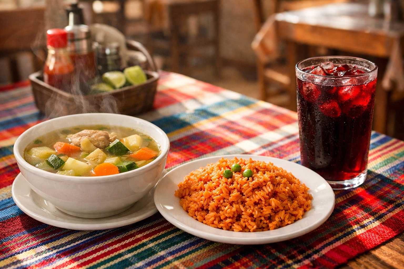 Traditional Mexican menú del día with soup and hibiscus tea at an affordable Mexico City cocina económica.