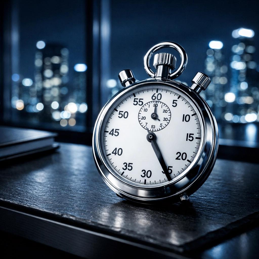 A chrome stopwatch on a desk representing the cash flow timing gap solved by AR financing.