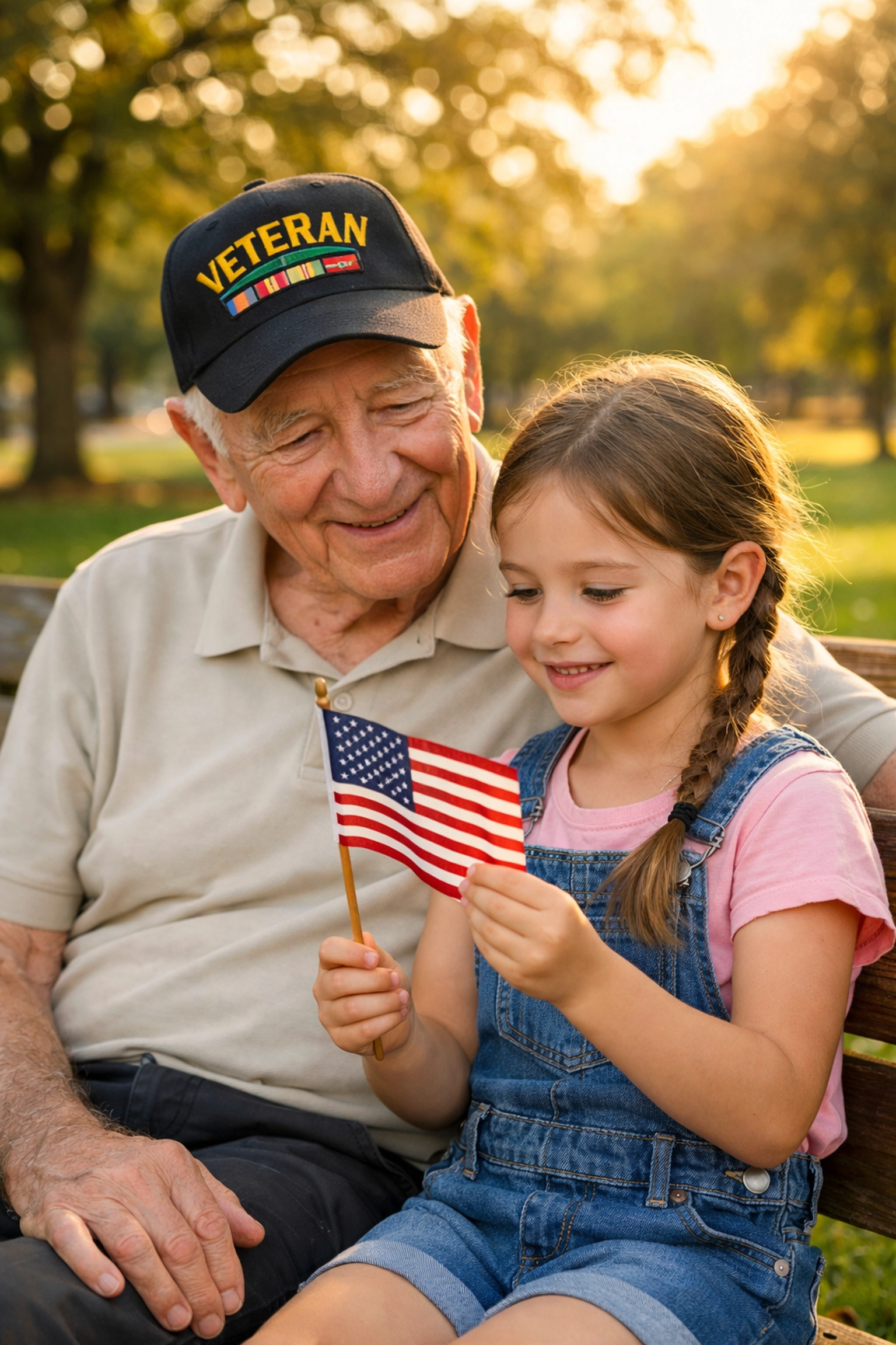A veteran and a young child sharing a patriotic moment with an American flag to honor national service.