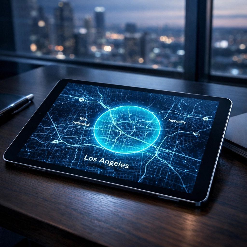 Digital map of Los Angeles on a tablet showing a hyper-targeted advertising radius.