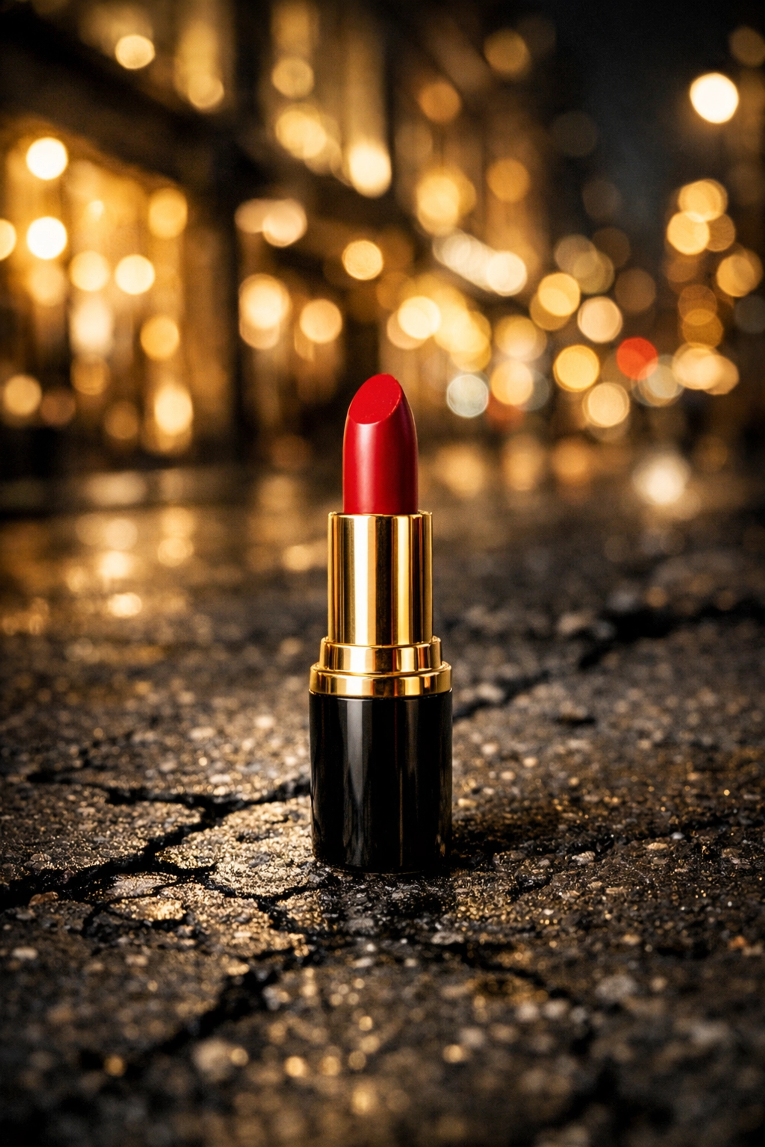 A red lipstick tube on cracked pavement illustrating the lipstick index as a recession indicator.