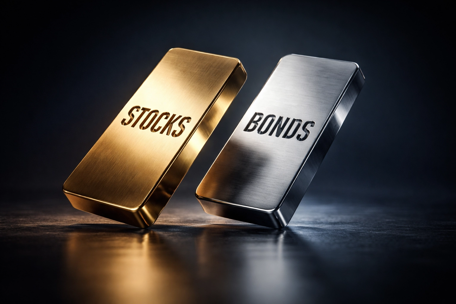 Gold and silver dominoes falling side by side, symbolizing stocks and bonds moving together in modern portfolios.