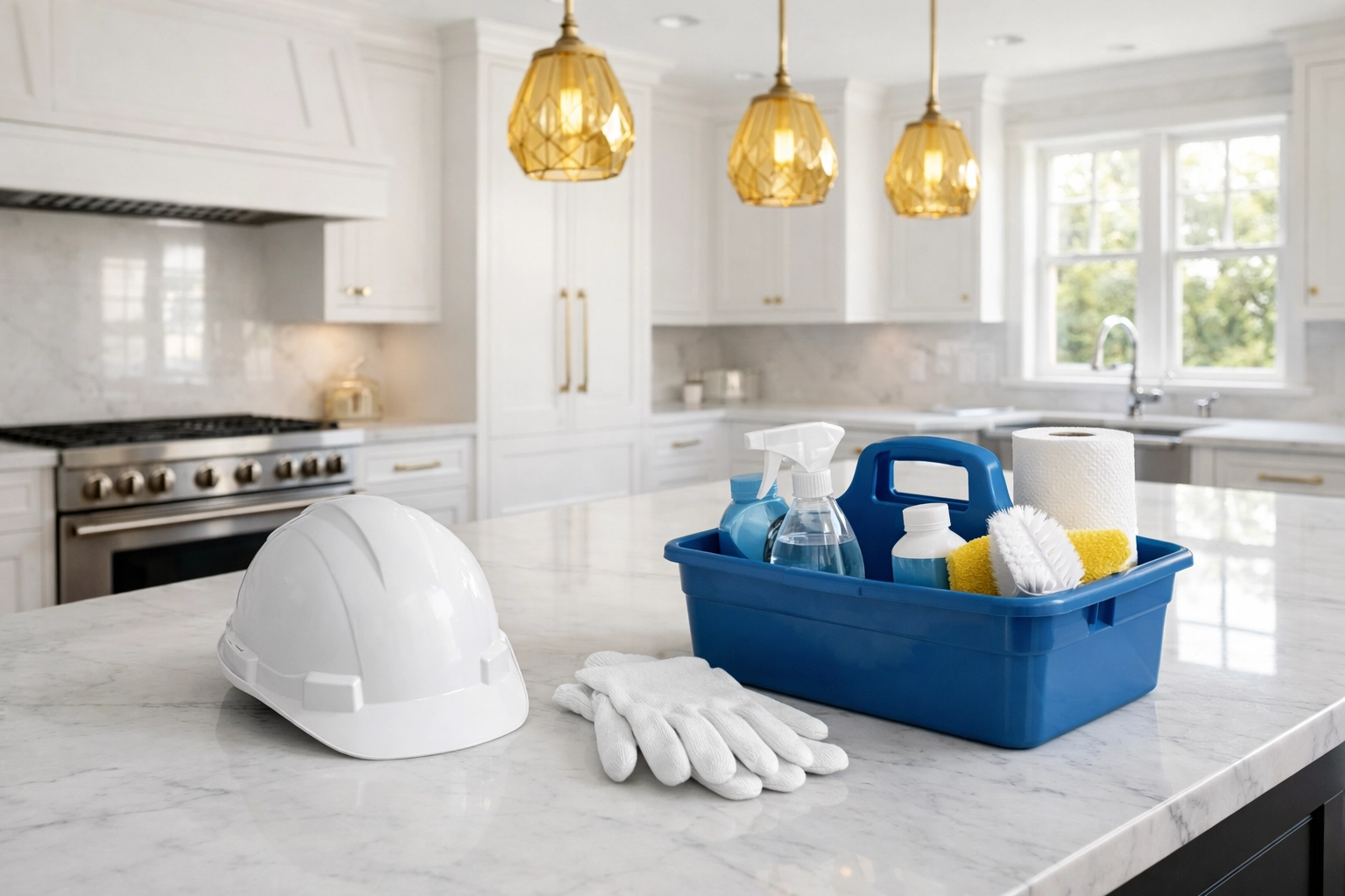 Post-construction cleaning for a luxury kitchen remodel in Massachusetts with The Cleaning Ninjas White Hat Solutions.
