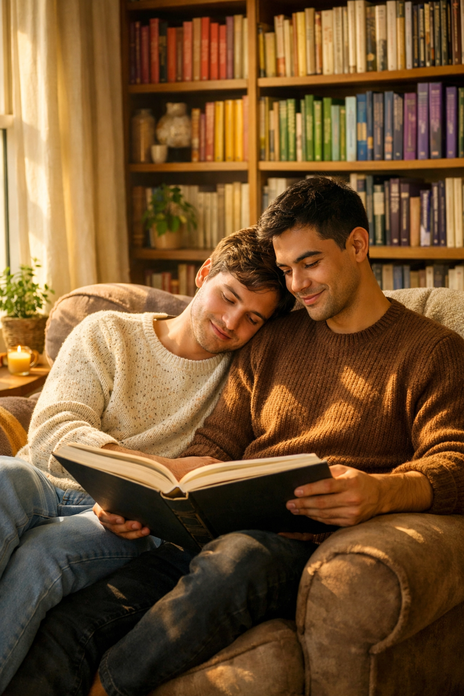 A gay couple enjoying a book in a sunlit room filled with colorful gay romance novels and pride books.