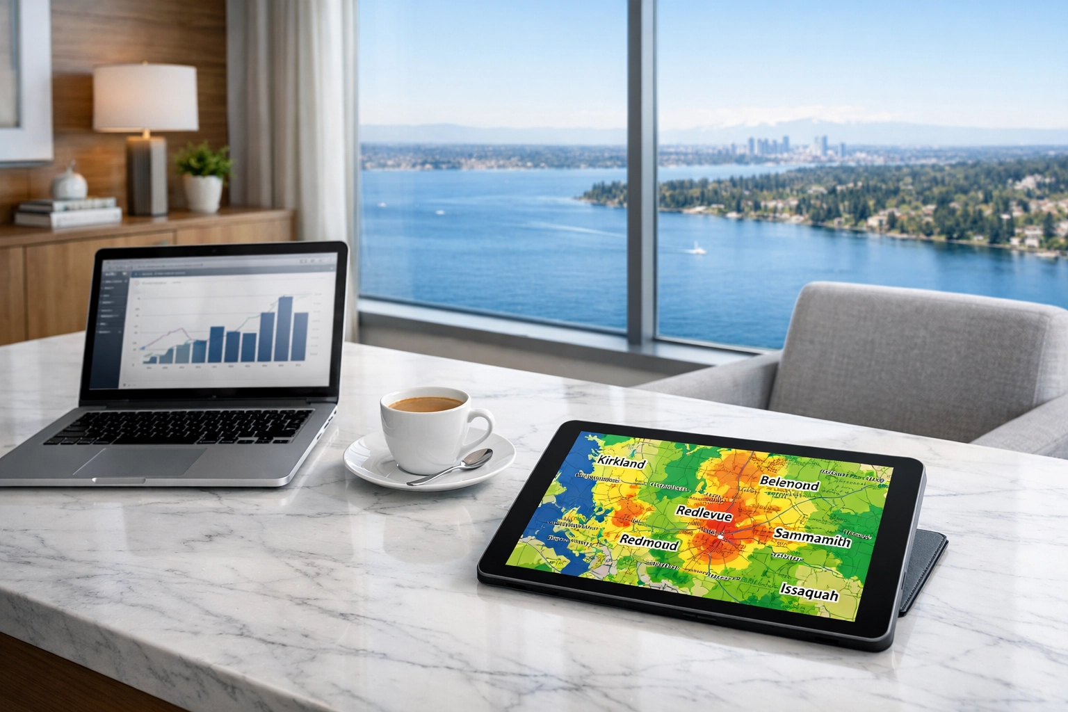 A strategic real estate consultation overlooking Lake Washington featuring a Bellevue neighborhood market heat map.