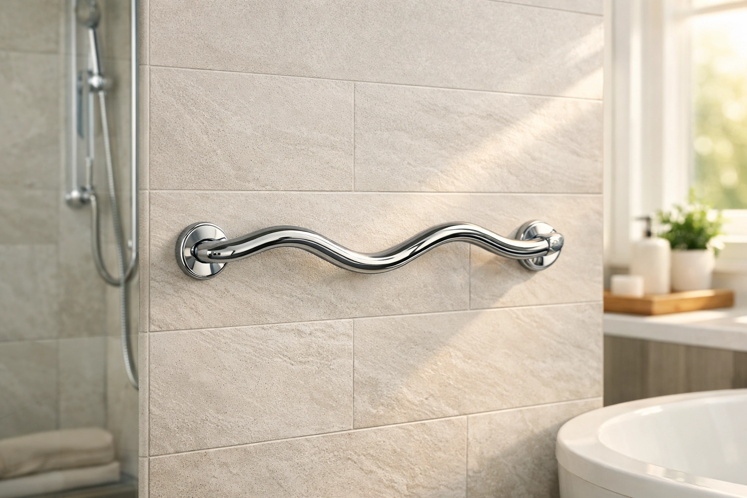 Elegant wave-shaped chrome grab bar installed on a tiled bathroom wall for ergonomic support.
