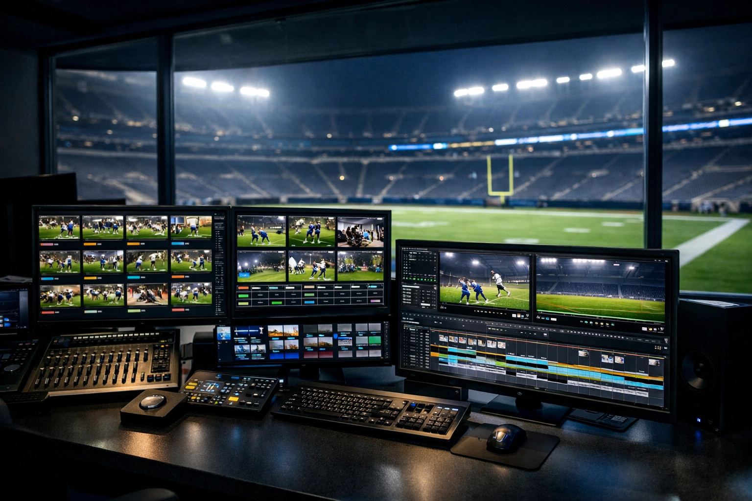 Sports media production suite in a stadium workstation managing digital assets for rapid highlight distribution.