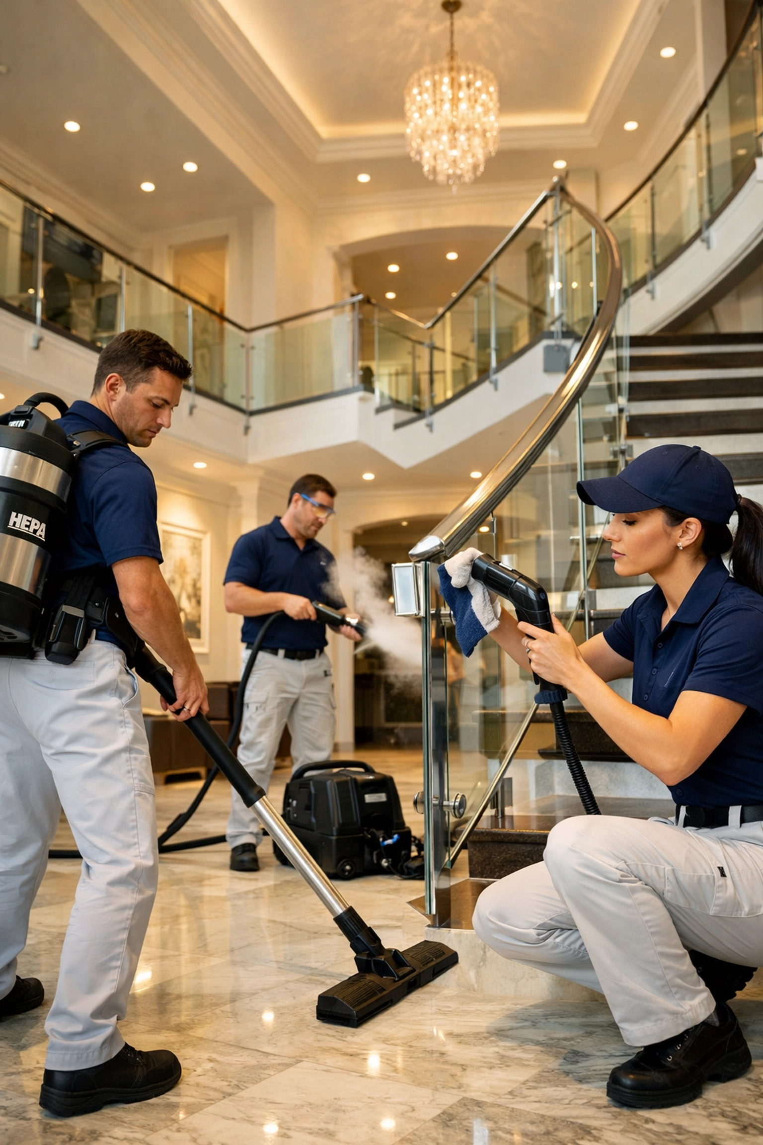 The Cleaning Ninjas team performing high-end residential cleaning Massachusetts in a grand foyer.