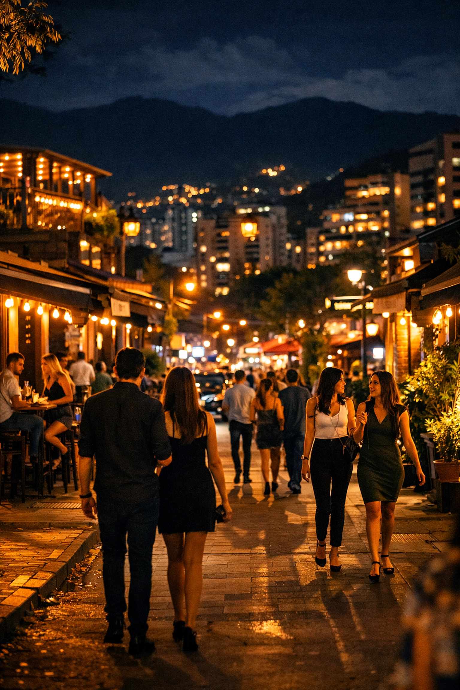 Safe nightlife in Medellin's El Poblado district with travelers walking in groups