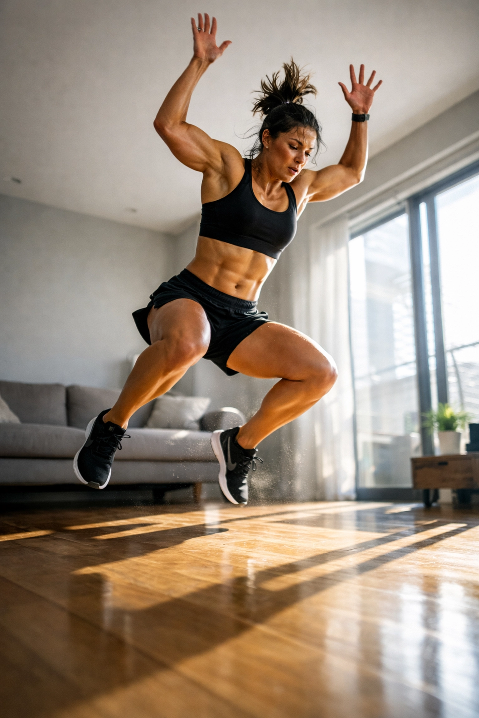 Athlete performing burpee exercise in living room for full body workout at home
