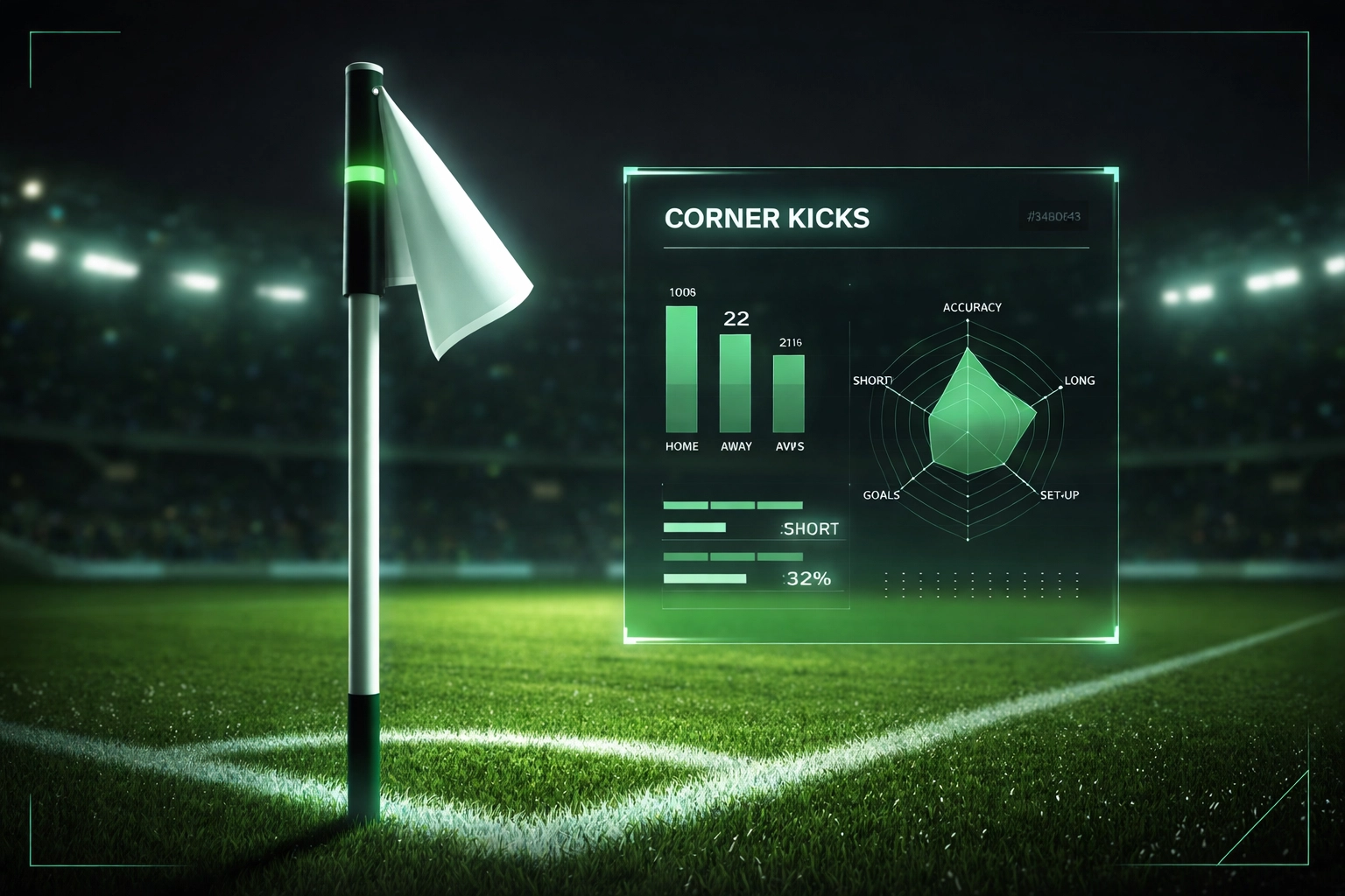Football corner flag with statistics overlay showing corner kick analytics and corners market betting data
