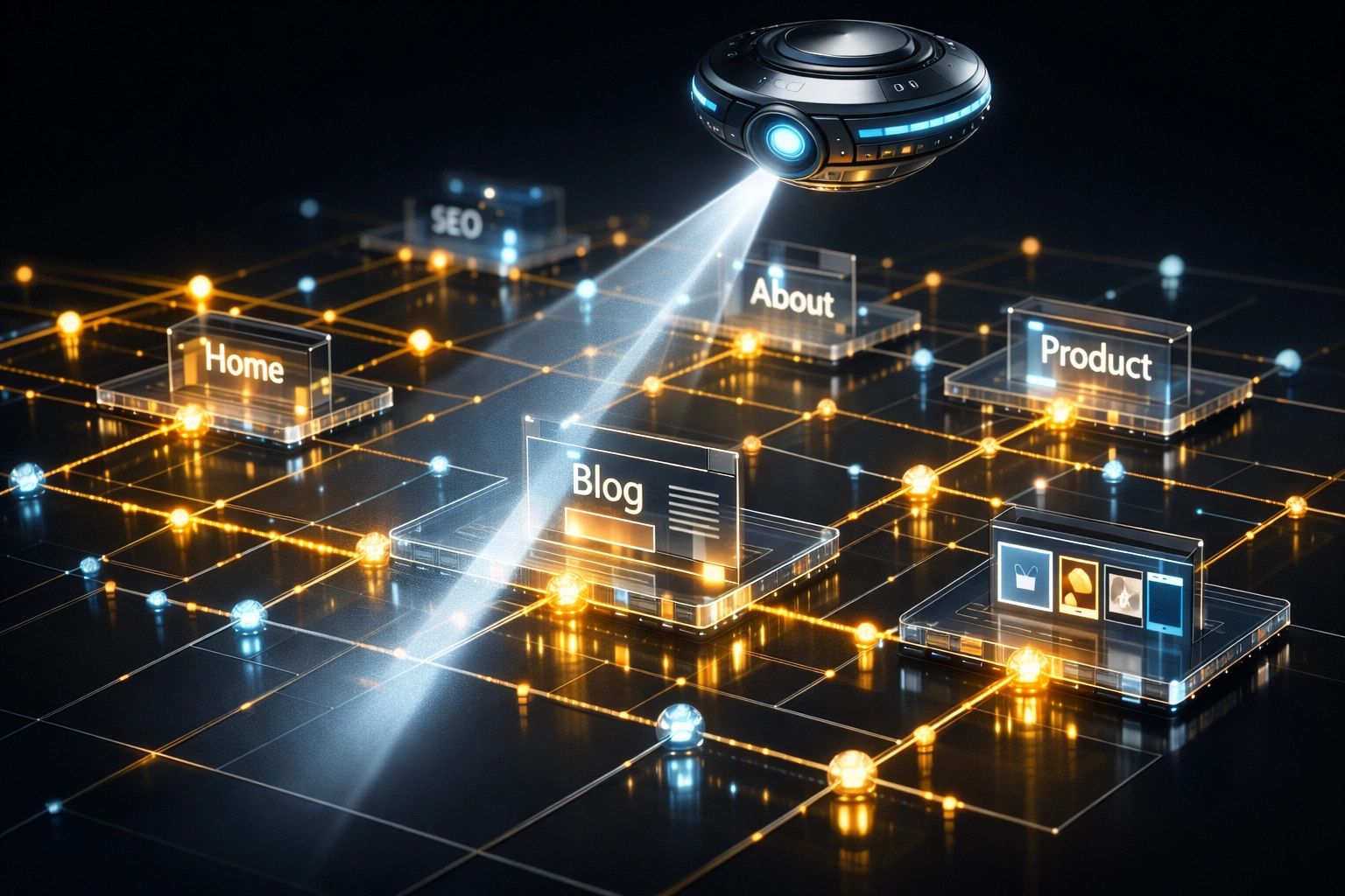 A digital visualization of a search engine bot crawling a website for indexing and AdSense verification.
