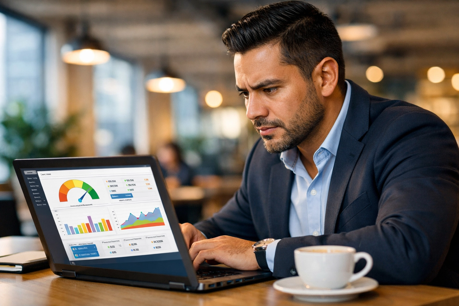 Entrepreneur analyzing website speed metrics and SEO performance on laptop