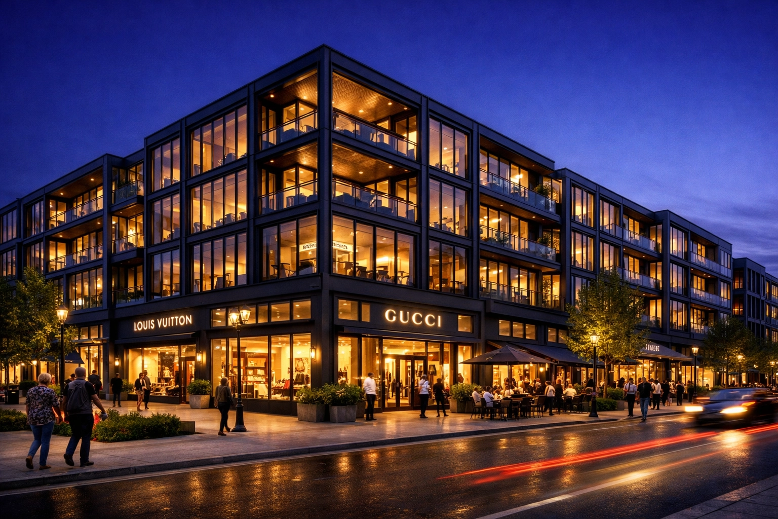 Completed high-end mixed-use development at dusk showing successful property investment ROI.