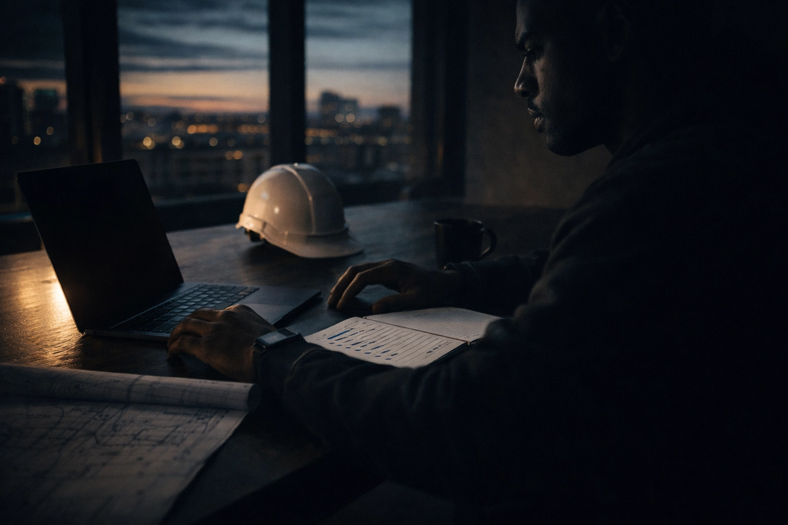 Black professional executing an early-morning build routine in a gritty urban workspace with laptop, structured checklist, and construction plans