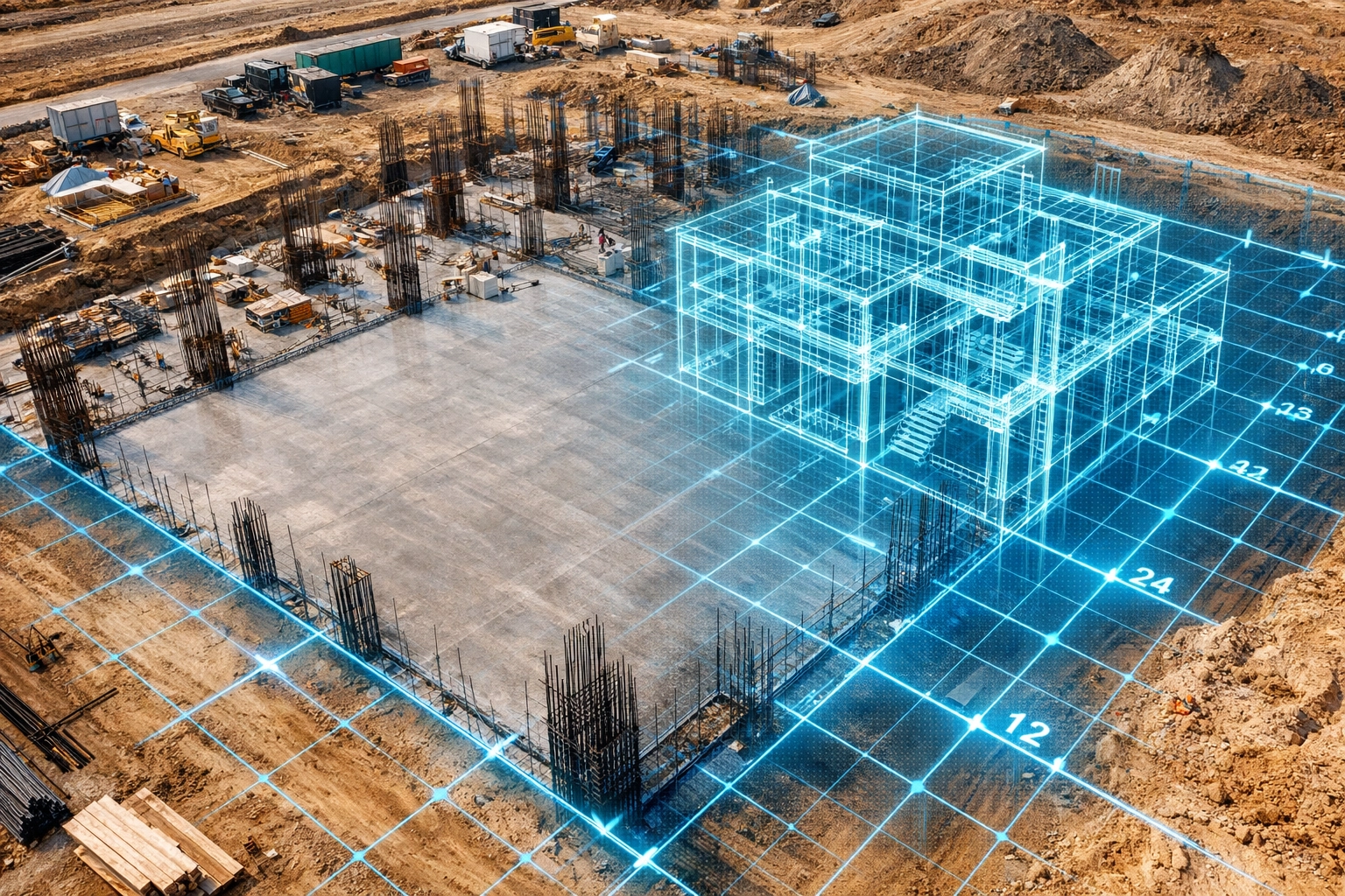 Digital BIM model overlay on an aerial drone photo of a construction site for precise coordinate alignment.