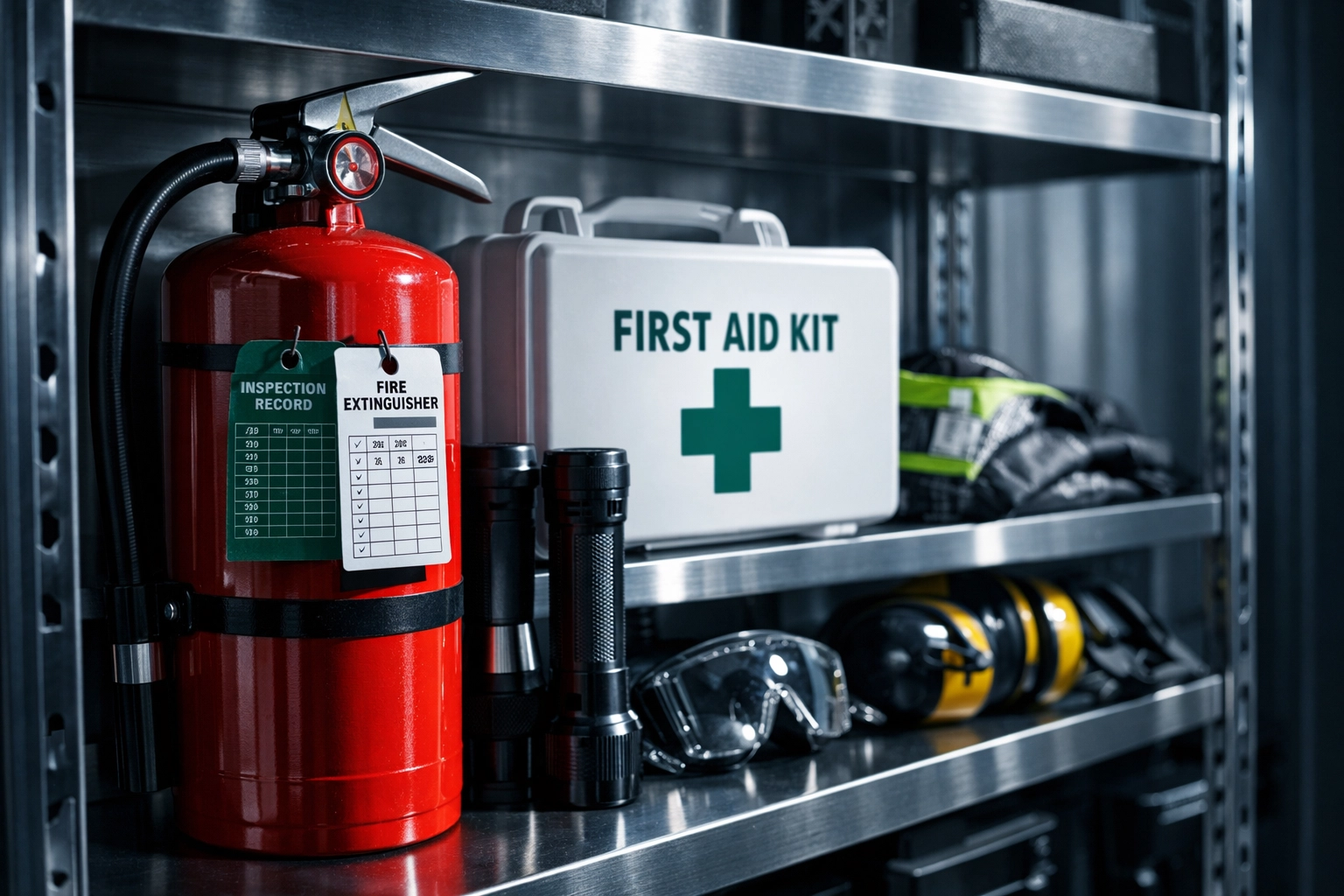 Well-maintained emergency equipment including fire extinguisher and first aid kit on shelving