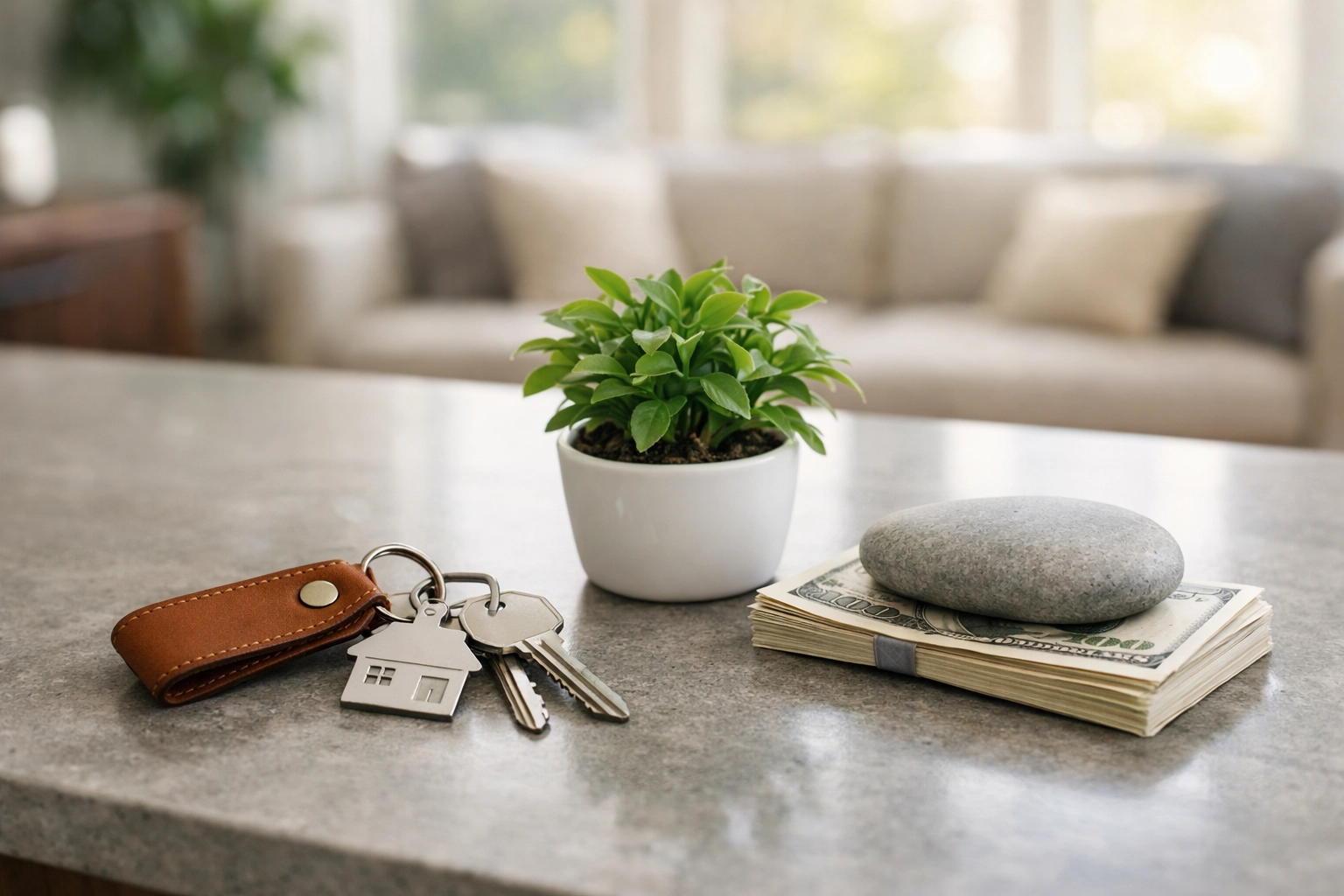 House keys and cash on a kitchen counter symbolizing home equity and financial growth.