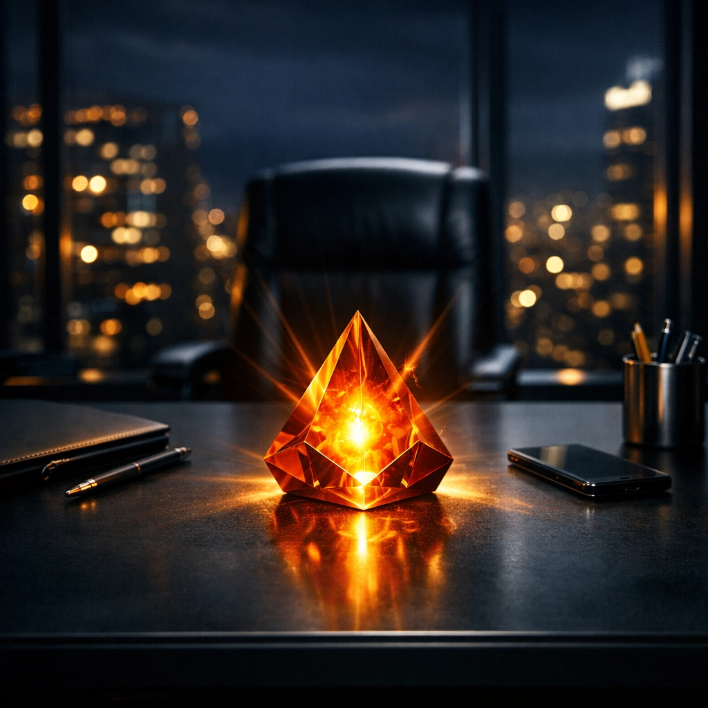 Modern executive desk with a glowing core symbolizing internal strength and leadership coaching excellence.