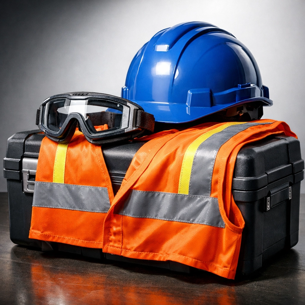 Essential safety gear featuring a blue hard hat and orange high-visibility vest.