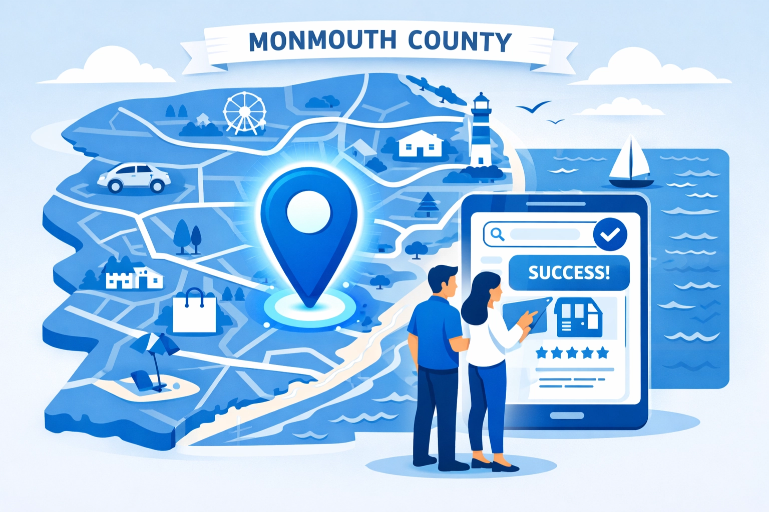 Monmouth County SEO map interface showing local business profile optimization and search ranking results.