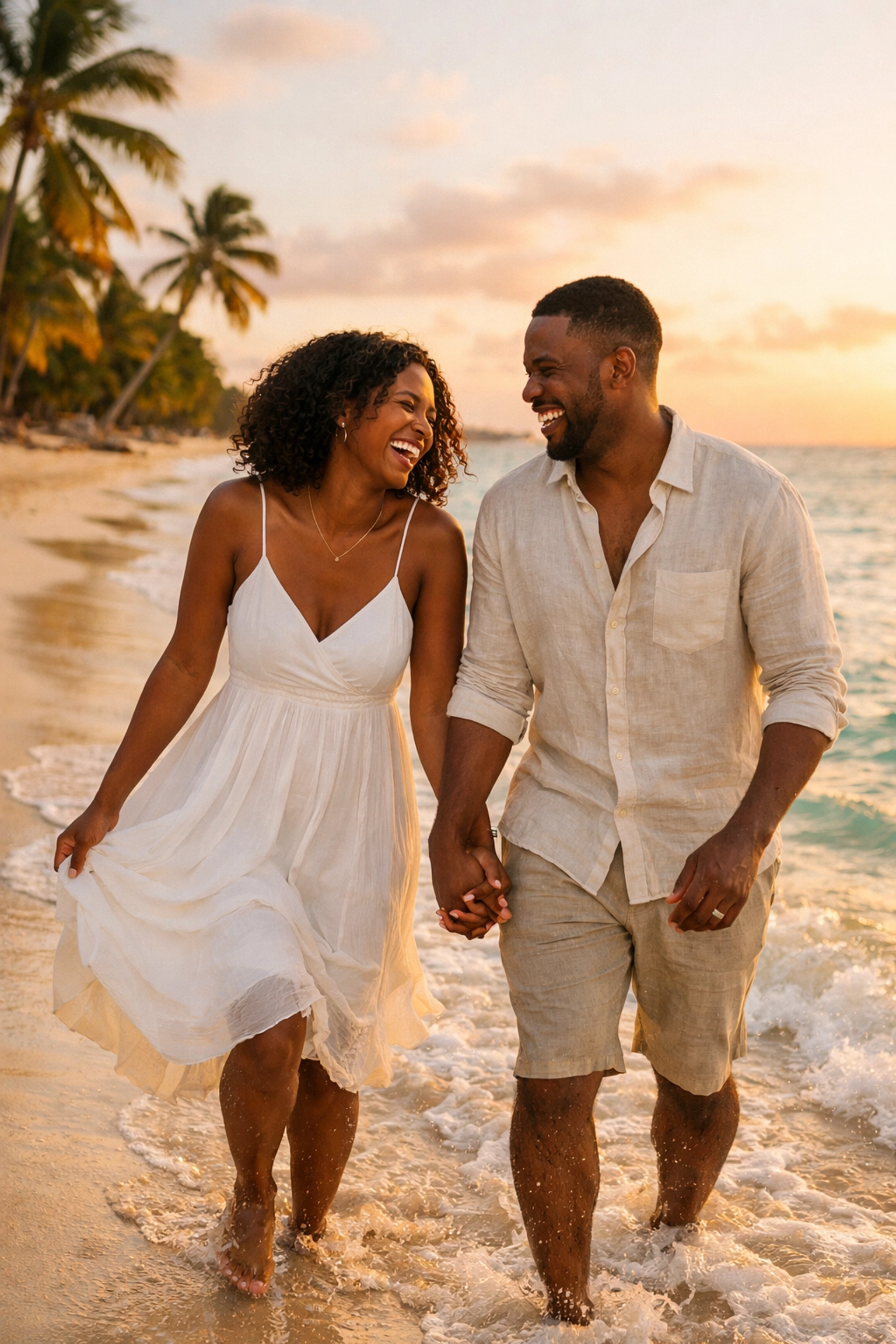 Newlywed couple walking on Caribbean beach at sunset during their honeymoon vacation