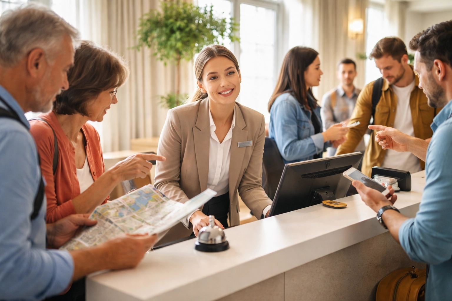 Hotel front desk staff surrounded by guests seeking directions, highlighting challenges of manual guest guidance