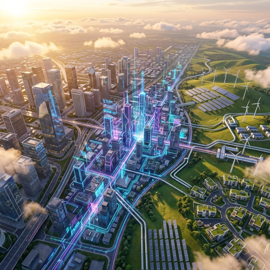 A landscape merging finance, blockchain, and infrastructure highlights equities, crypto, and alternatives working together.