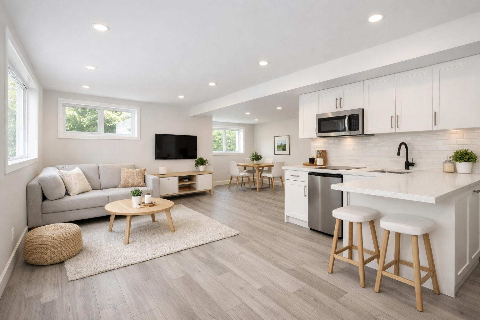 Modern basement suite renovation Vancouver with open living area and natural light