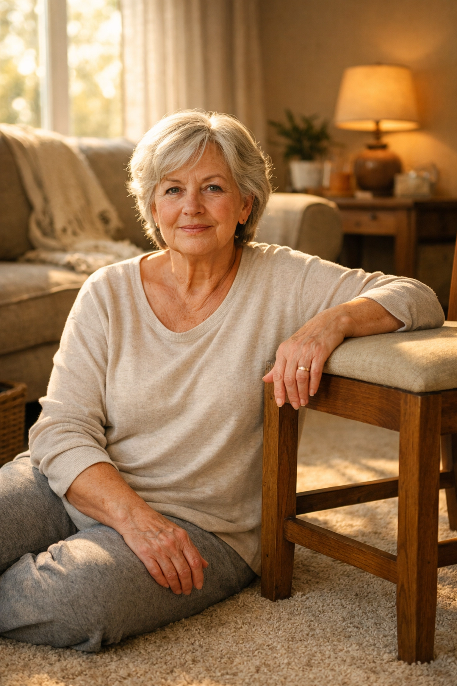 Senior woman sitting calmly on floor next to chair demonstrating safe fall recovery technique