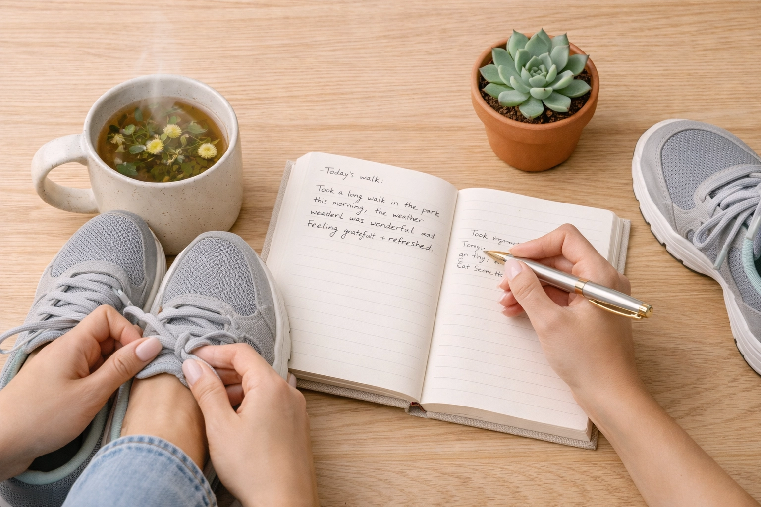 Flat-lay of tea, a journal, and walking shoes symbolizing small wins in a daily holistic wellness routine.