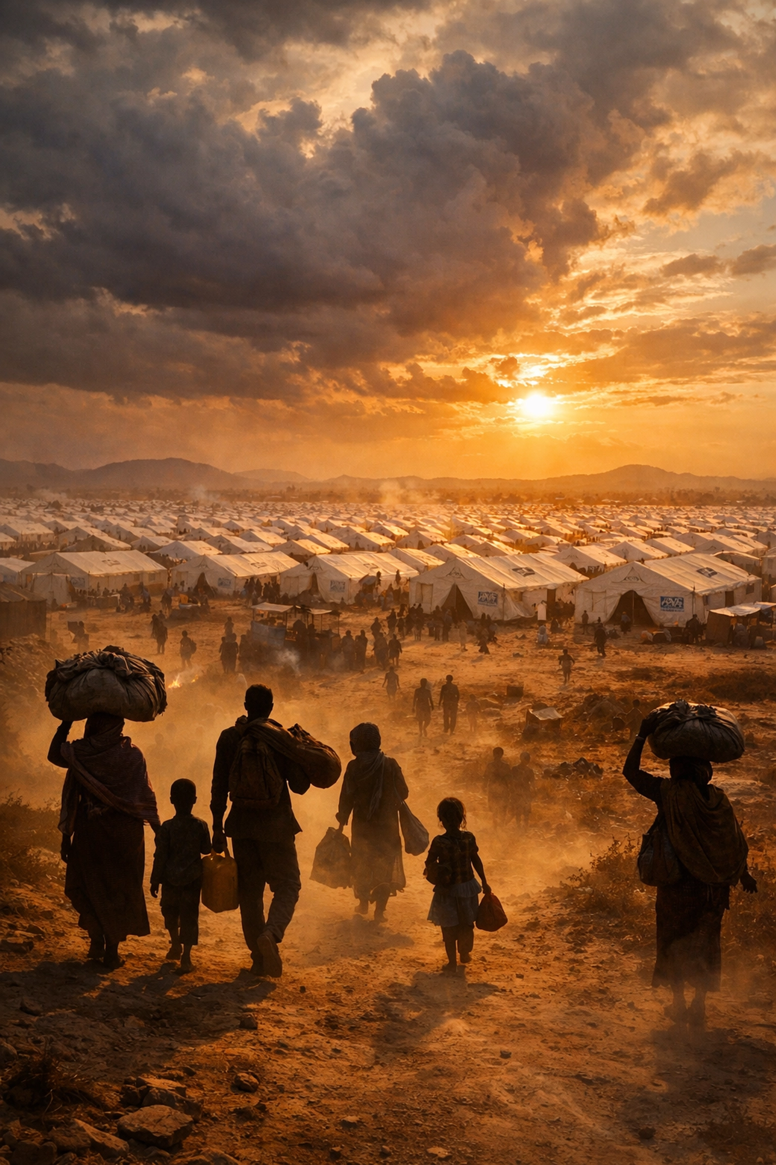 Refugee camp in Sudan showing humanitarian crisis with displaced families seeking shelter
