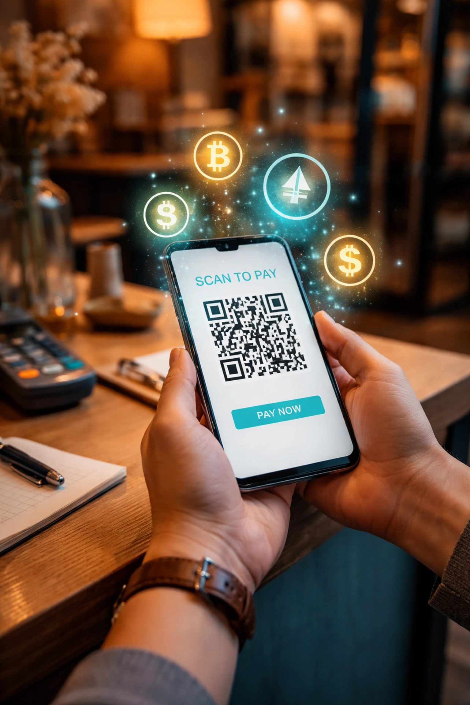 Small business owner using a smartphone to accept crypto payments via QR code, showcasing modern Web3 POS systems and ease of global transactions.