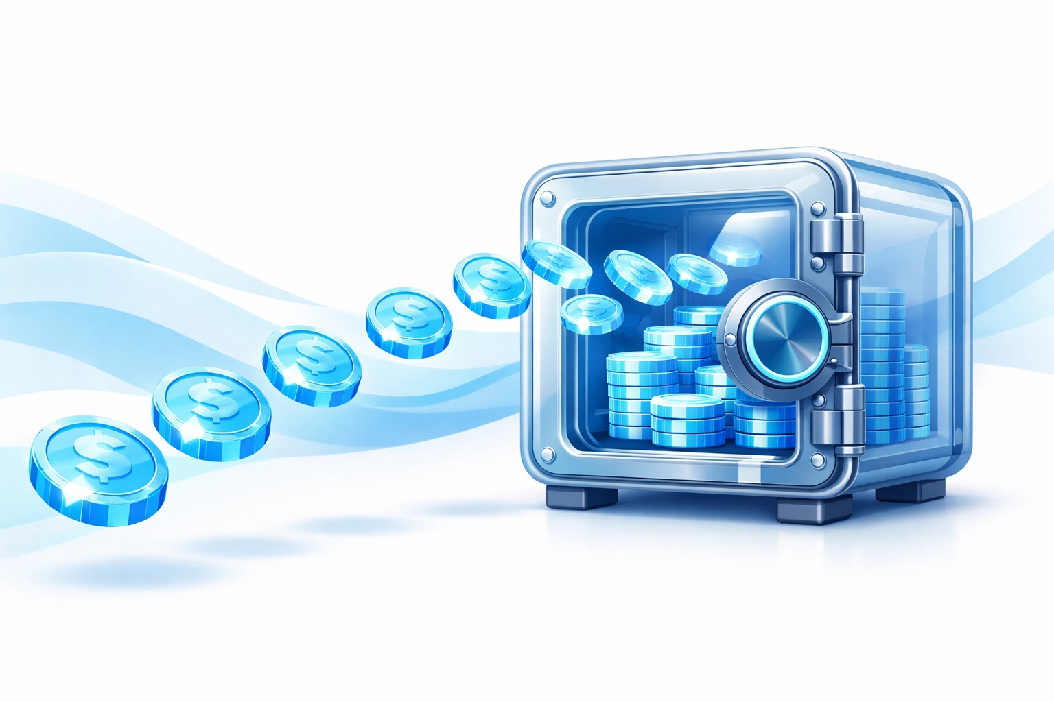 Blue coins flowing into a secure vault, symbolizing a steady guaranteed lifetime income stream from an annuity.