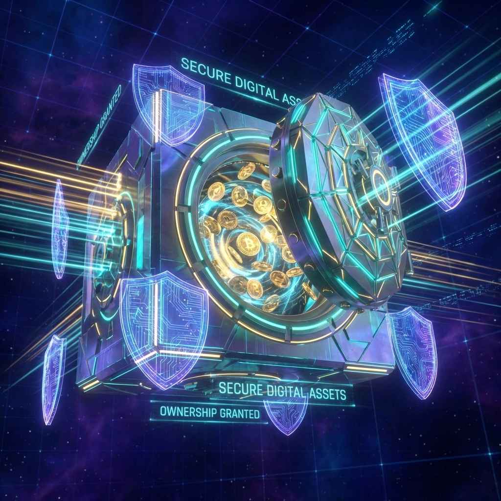 A secure digital vault in a blockchain setting highlighting self-custody and crypto security for Web3 payments.